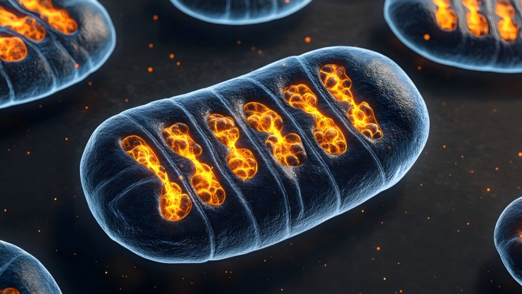 Vibrant, detailed digital illustration of a mitochondrion glowing with energy inside a human cell
