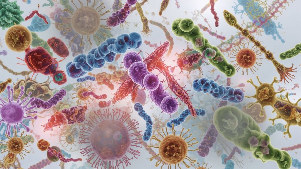 Infographic of health risks (gut, immune, hormones, brain), with microplastic icons affecting different organs