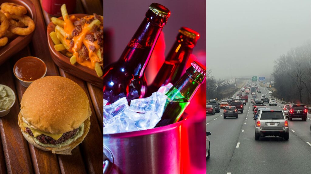 Modern lifestyle collage—urban pollution, fast food, stressed individual, and sedentary work, with arrows pointing toward mitochondria Modern lifestyle collage—urban pollution, fast food, stressed individual, and sedentary work, with arrows pointing toward mitochondria