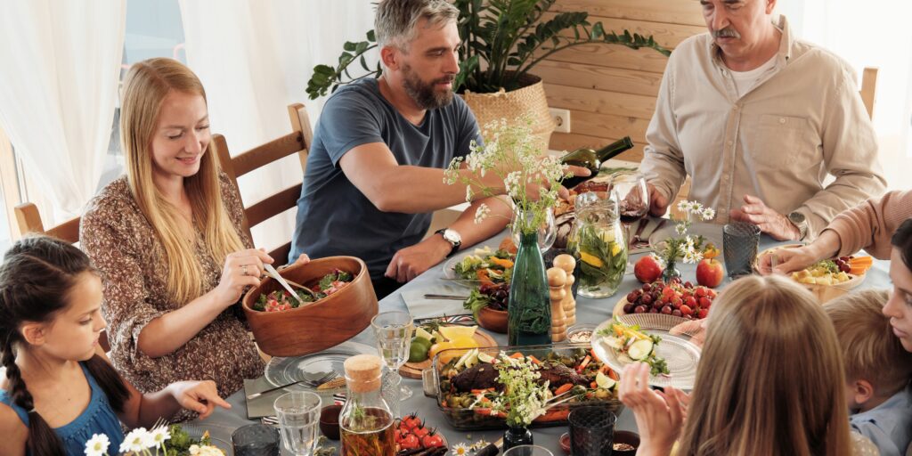 Happy family practicing festive wellness during Christmas celebration