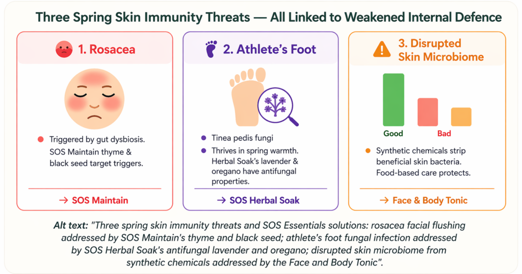 Three spring skin immunity threats and SOS Essentials solutions: rosacea facial flushing addressed by SOS Maintain's thyme and black seed; athlete's foot fungal infection addressed by SOS Herbal Soak's antifungal lavender and oregano; disrupted skin microbiome from synthetic chemicals addressed by the Face and Body Tonic Three spring skin immunity threats and SOS Essentials solutions: rosacea facial flushing addressed by SOS Maintain's thyme and black seed; athlete's foot fungal infection addressed by SOS Herbal Soak's antifungal lavender and oregano; disrupted skin microbiome from synthetic chemicals addressed by the Face and Body Tonic