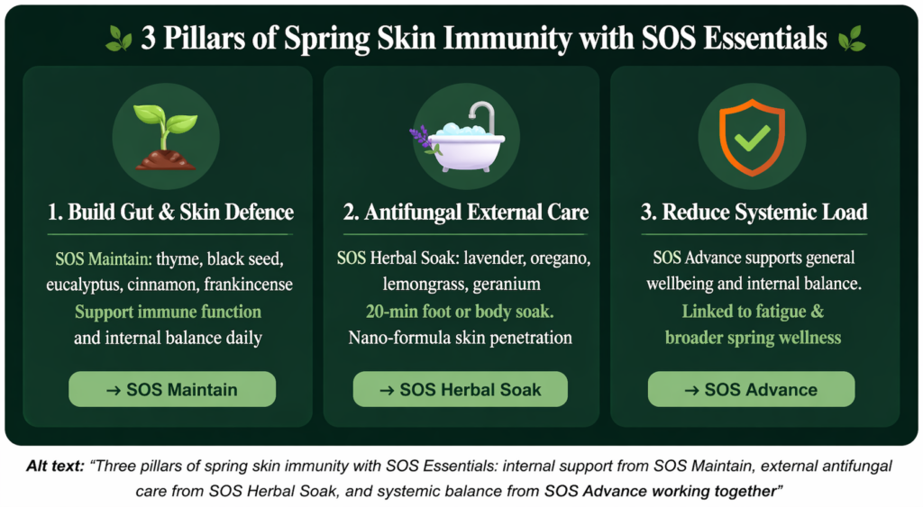 Three pillars of spring skin immunity with SOS Essentials: Pillar 1 — SOS Maintain builds gut and skin defence with antifungal and antibacterial ingredients; Pillar 2 — SOS Herbal Soak provides antifungal external protection via nano-particle delivery; Pillar 3 — SOS Advance reduces systemic inflammation that weakens skin immunity Three pillars of spring skin immunity with SOS Essentials: Pillar 1 — SOS Maintain builds gut and skin defence with antifungal and antibacterial ingredients; Pillar 2 — SOS Herbal Soak provides antifungal external protection via nano-particle delivery; Pillar 3 — SOS Advance reduces systemic inflammation that weakens skin immunity