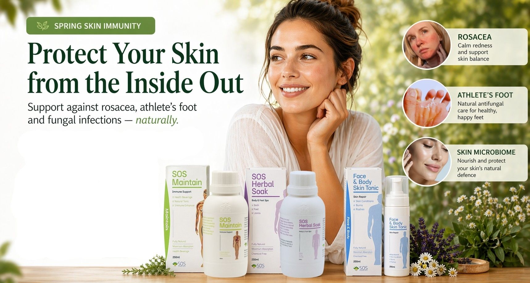 Spring skin immunity banner featuring a smiling woman in a natural outdoor setting alongside SOS Essentials products, including SOS Maintain, SOS Herbal Soak, and Face & Body Skin Tonic. The image highlights support for rosacea, athlete’s foot, and skin microbiome balance, with a clean, botanical aesthetic focused on natural skin health and wellness.