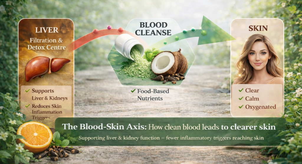 Diagram showing the blood-skin axis — clean blood filtered by the liver delivers oxygen and nutrients to skin cells, reducing psoriasis and eczema triggers" Diagram showing the blood-skin axis — clean blood filtered by the liver delivers oxygen and nutrients to skin cells, reducing psoriasis and eczema triggers"
