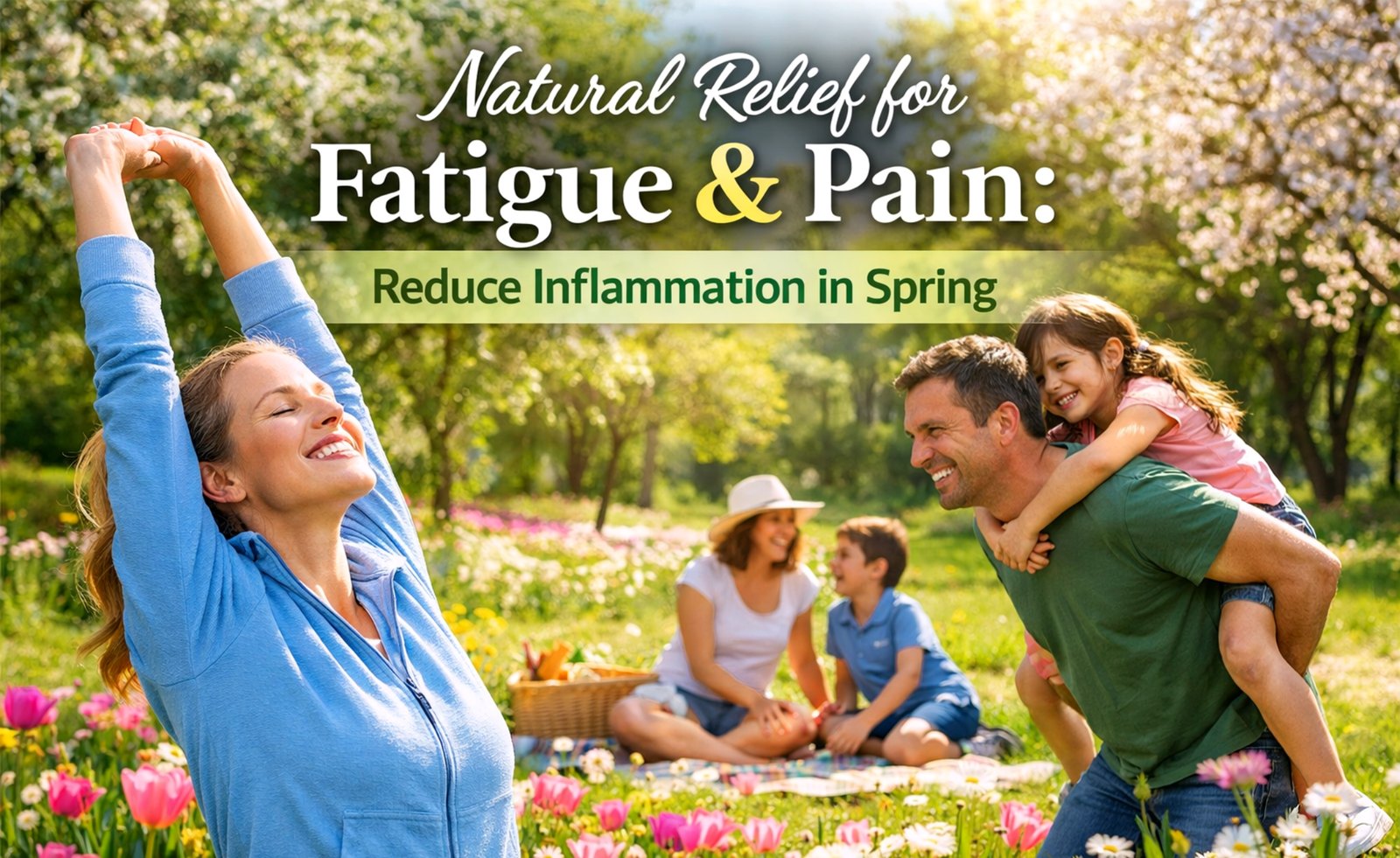 Natural Relief for Fatigue and Pain banner showing a woman stretching in a spring park with a family in the background