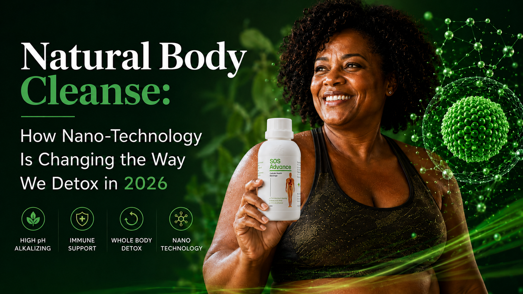 Natural body cleanse concept — woman drinking botanical wellness beverage in morning light, representing daily detox routine and inner balanc