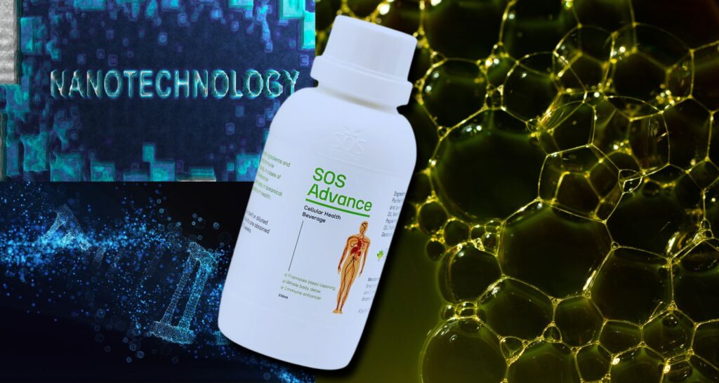 Abstract representation of nano-technology particles used in SOS Advance natural body cleanse formula to improve botanical oil absorption and bioavailability