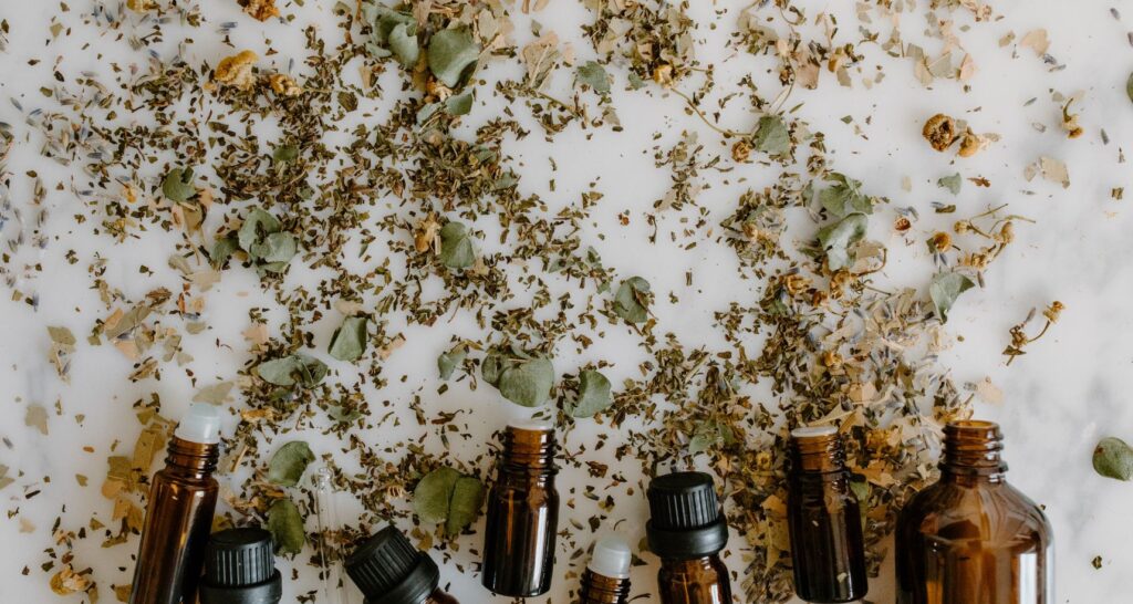Collection of natural botanical essential oils including oregano, black seed, frankincense, peppermint and clove, the core ingredients of SOS Advance natural body cleanse formula