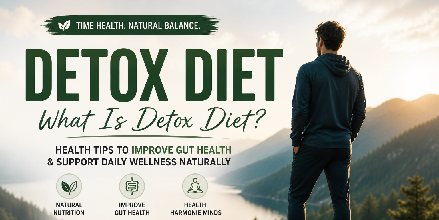 Man standing on a mountain overlooking nature at sunrise representing detox diet, health tips to improve gut health and support daily wellness naturally.