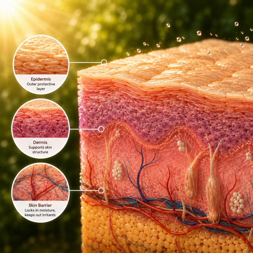 diagram of skin layers showing epidermis dermis and skin barrier — natural summer glow inside out skin barrier repair
