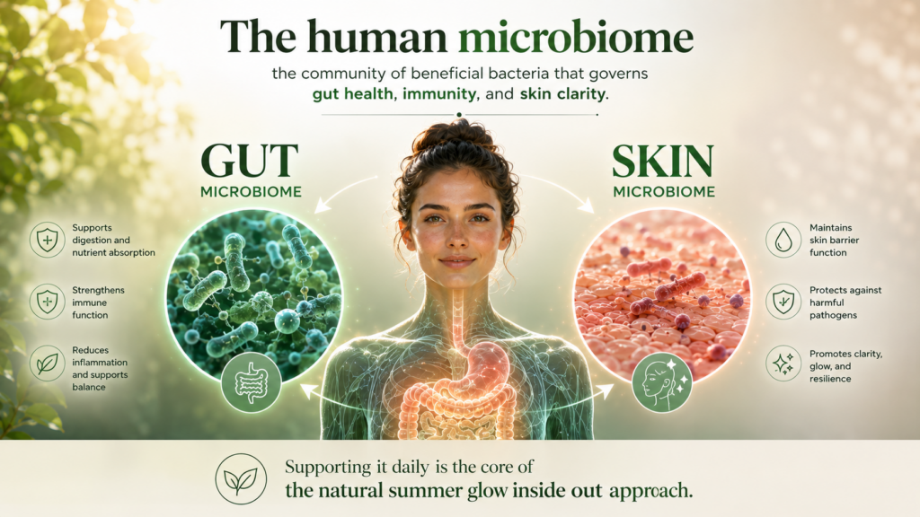human microbiome illustration showing gut and skin bacteria balance — natural summer glow inside out routine science