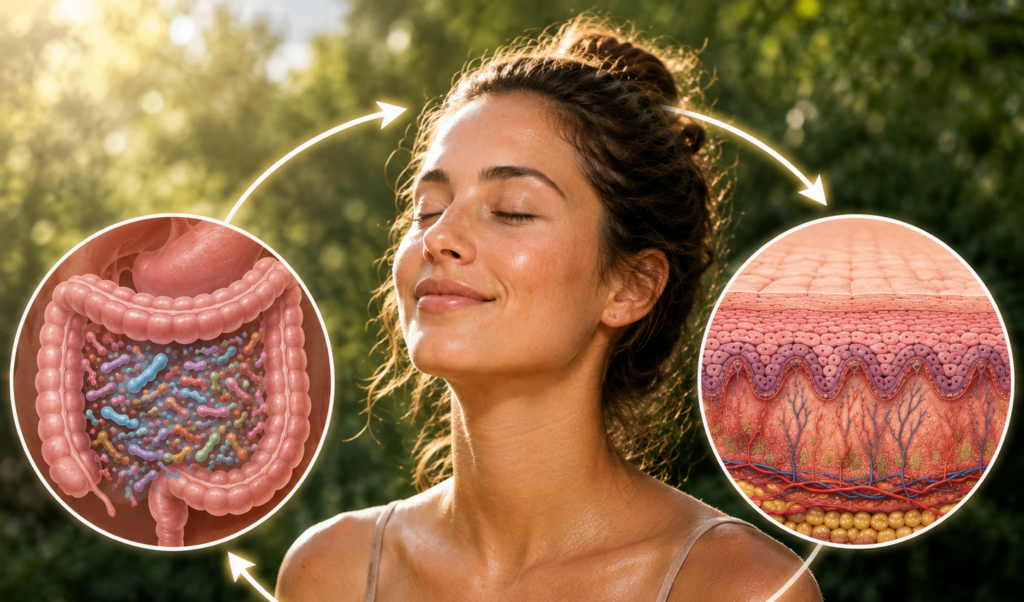 gut skin axis diagram showing bidirectional connection between gut microbiome and skin health — natural summer glow inside ou